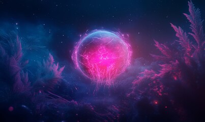 Wall Mural - a vibrant cosmic illustration of a glowing sphere with nebulas