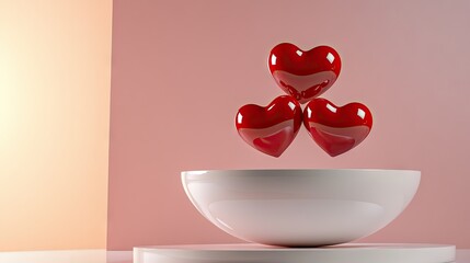 Poster - Floating glossy red hearts on a dreamy pink background, a perfect love message.
