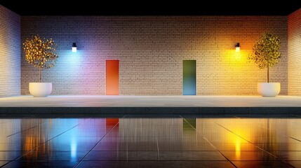 Poster - Futuristic brick wall with colorful neon lights and reflections, cyberpunk vibes