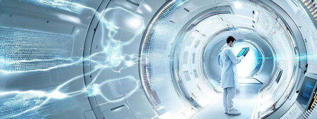 Poster - futuristic scientist with tablet in advanced laboratory environment