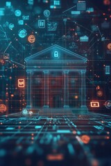 Poster - Digital bank structure with data connections and icons