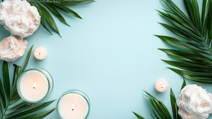 Wall Mural - Spa candles, tropical leaves, light teal background, wellness, zen. Use Stock photo for wellness, relaxation, spa products