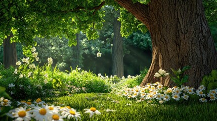 Wall Mural - green spring meadow with blooming white wildflowers, warm light and serene mood