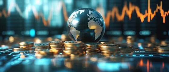 Aufkleber - Global financial market with coins and data analysis background