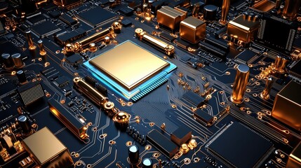 Poster - High-tech motherboard pattern, electronic components, neon blue light effects, digital infrastructure