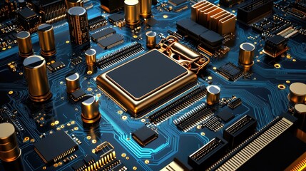 Poster - High-tech motherboard pattern, electronic components, neon blue light effects, digital infrastructure