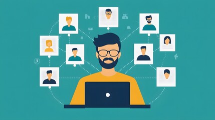 Fototapete - Digital Connection: Illustrative image of a man working remotely, interconnected with a network of other digital profiles.