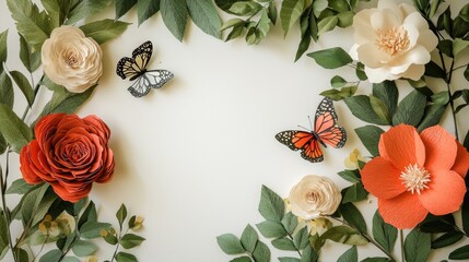 Poster - Leaves framing white wall with 3D paper flowers and butterflies, elegant celebration scene