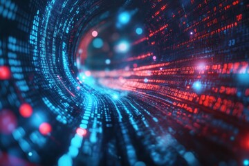 Poster - Abstract digital tunnel with glowing data streams and lights