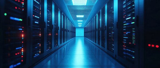 Poster - High-tech server room illuminated by blue lights, showcasing data storage
