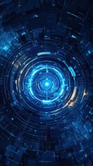Poster - abstract blue digital vortex with glowing center and circular patterns