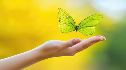 Wall Mural - Green butterfly on hand, autumn park, nature, hope