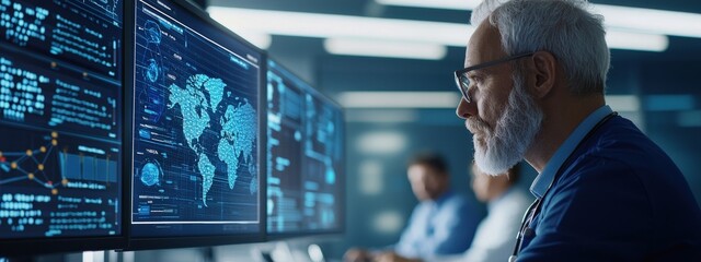 Poster - senior analyst observing global data on high-tech computer screens