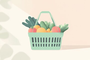Aufkleber - Green shopping basket filled with fresh vegetables and fruits on a pastel background showcasing minimalistic design Generative AI