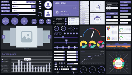 A dark set of interface elements for web and mobile applications with modern icons, buttons, and graphs, ideal for business analytics, finance, and data management.