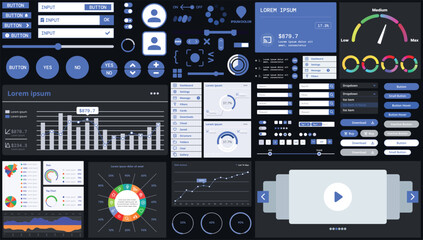 Fototapete - A dark set of interface elements for web and mobile applications with modern icons, buttons, and graphs, ideal for business analytics, finance, and data management.