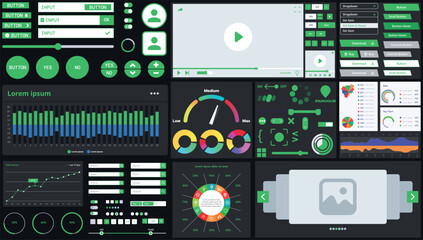 Fototapete - A dark set of interface elements for web and mobile applications with modern icons, buttons, and graphs, ideal for business analytics, finance, and data management.