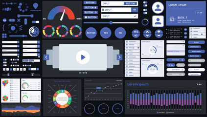 Fototapete - A dark set of interface elements for web and mobile applications with modern icons, buttons, and graphs, ideal for business analytics, finance, and data management.