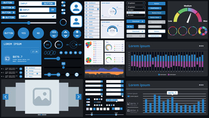 Fototapete - A dark set of interface elements for web and mobile applications with modern icons, buttons, and graphs, ideal for business analytics, finance, and data management.