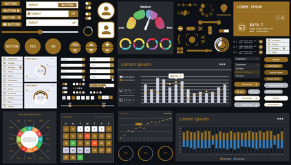 Fototapete - A dark set of interface elements for web and mobile applications with modern icons, buttons, and graphs, ideal for business analytics, finance, and data management.