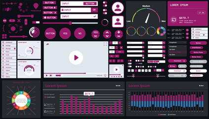 Fototapete - A dark set of interface elements for web and mobile applications with modern icons, buttons, and graphs, ideal for business analytics, finance, and data management.