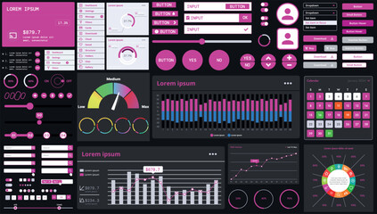 Fototapete - A dark set of interface elements for web and mobile applications with modern icons, buttons, and graphs, ideal for business analytics, finance, and data management.