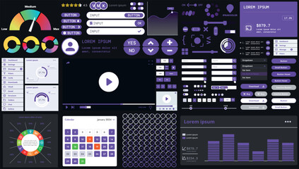 Fototapete - A dark set of interface elements for web and mobile applications with modern icons, buttons, and graphs, ideal for business analytics, finance, and data management.