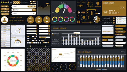 A dark set of interface elements for web and mobile applications with modern icons, buttons, and graphs, ideal for business analytics, finance, and data management.
