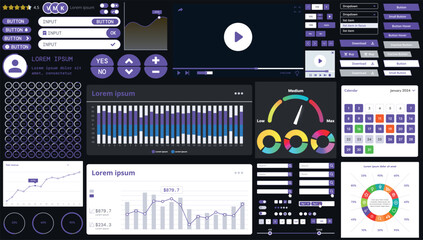 Fototapete - A dark set of interface elements for web and mobile applications with modern icons, buttons, and graphs, ideal for business analytics, finance, and data management.