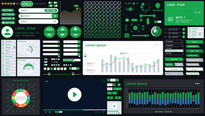 Fototapete - A dark set of interface elements for web and mobile applications with modern icons, buttons, and graphs, ideal for business analytics, finance, and data management.