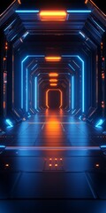 Poster - Futuristic Tunnel Perspective, Glowing Blue And Orange Neon Lights, Abstract Background