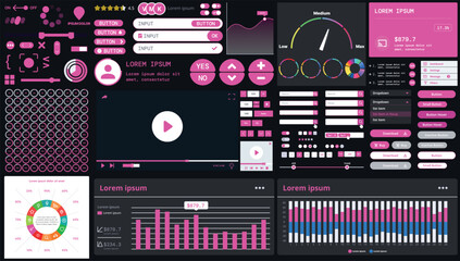 A dark set of interface elements for web and mobile applications with modern icons, buttons, and graphs, ideal for business analytics, finance, and data management.