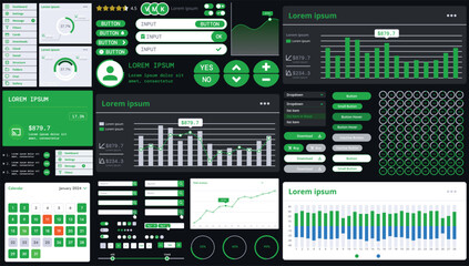 A dark set of interface elements for web and mobile applications with modern icons, buttons, and graphs, ideal for business analytics, finance, and data management.