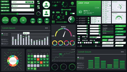 A dark set of interface elements for web and mobile applications with modern icons, buttons, and graphs, ideal for business analytics, finance, and data management.