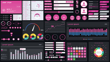 A dark set of interface elements for web and mobile applications with modern icons, buttons, and graphs, ideal for business analytics, finance, and data management.