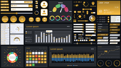 A dark set of interface elements for web and mobile applications with modern icons, buttons, and graphs, ideal for business analytics, finance, and data management.