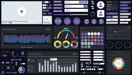 Fototapete - A dark set of interface elements for web and mobile applications with modern icons, buttons, and graphs, ideal for business analytics, finance, and data management.