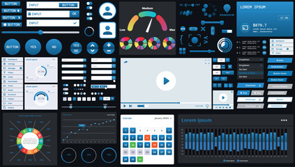 A dark set of interface elements for web and mobile applications with modern icons, buttons, and graphs, ideal for business analytics, finance, and data management.