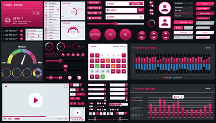 A dark set of interface elements for web and mobile applications with modern icons, buttons, and graphs, ideal for business analytics, finance, and data management.