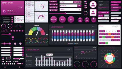 Fototapete - A dark set of interface elements for web and mobile applications with modern icons, buttons, and graphs, ideal for business analytics, finance, and data management.