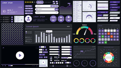 A dark set of interface elements for web and mobile applications with modern icons, buttons, and graphs, ideal for business analytics, finance, and data management.