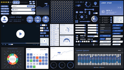 A dark set of interface elements for web and mobile applications with modern icons, buttons, and graphs, ideal for business analytics, finance, and data management.