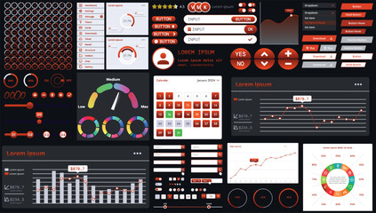 A dark set of interface elements for web and mobile applications with modern icons, buttons, and graphs, ideal for business analytics, finance, and data management.