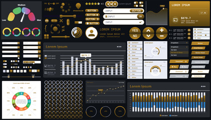 A dark set of interface elements for web and mobile applications with modern icons, buttons, and graphs, ideal for business analytics, finance, and data management.