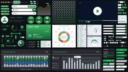 A dark set of interface elements for web and mobile applications with modern icons, buttons, and graphs, ideal for business analytics, finance, and data management.