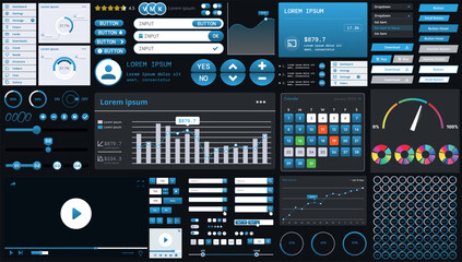 A dark set of interface elements for web and mobile applications with modern icons, buttons, and graphs, ideal for business analytics, finance, and data management.