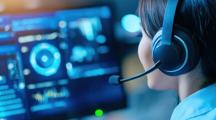 Poster - Focused Call Center Agent in Headset Working on Computer Screen