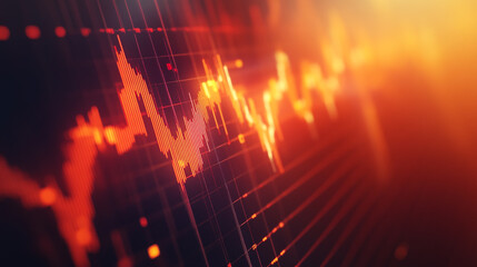Poster - Abstract orange and red stock market graph with gridlines and bokeh effect on a dark background