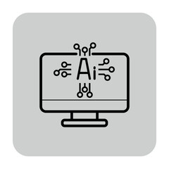 Poster - Line icon of computer screen with letters A and I at center, surrounded by circuit-like lines. Integration of artificial intelligence technology concept
