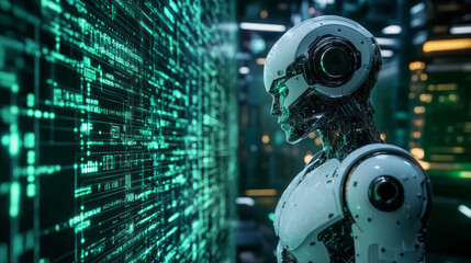 Aufkleber - A sleek robot stands motionless, intently analyzing a vibrant wall of data illuminated in neon hues. The urban night setting enhances the futuristic ambiance, highlighting advanced tech.